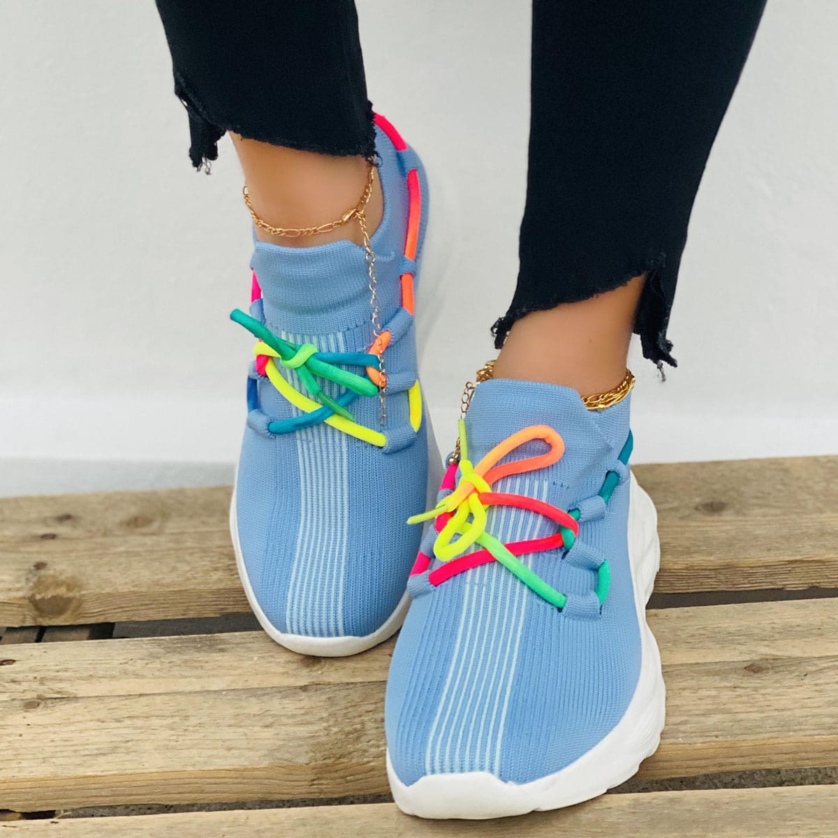 Image of Lace-up Decor Striped Knit Sneakers
