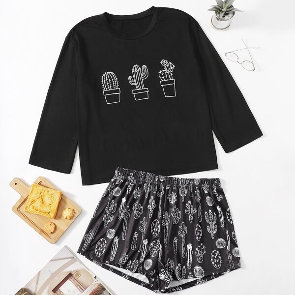 

Plus Cactus Print Pajama Set, Black