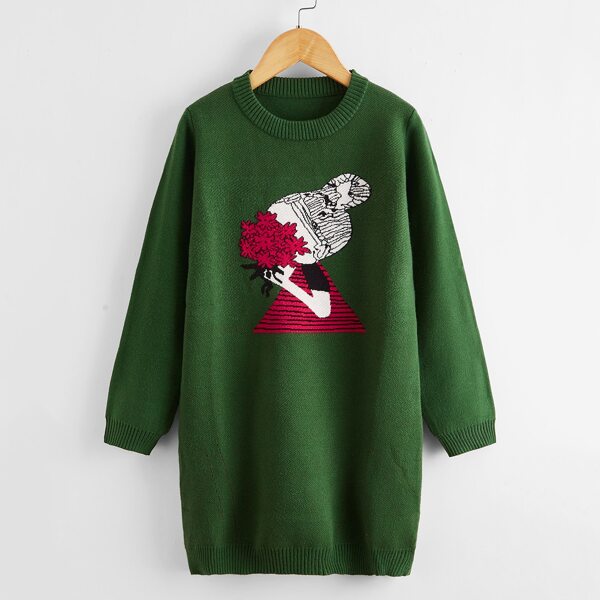 

Girls Cartoon And Floral Pattern Sweater Dress, Dark green