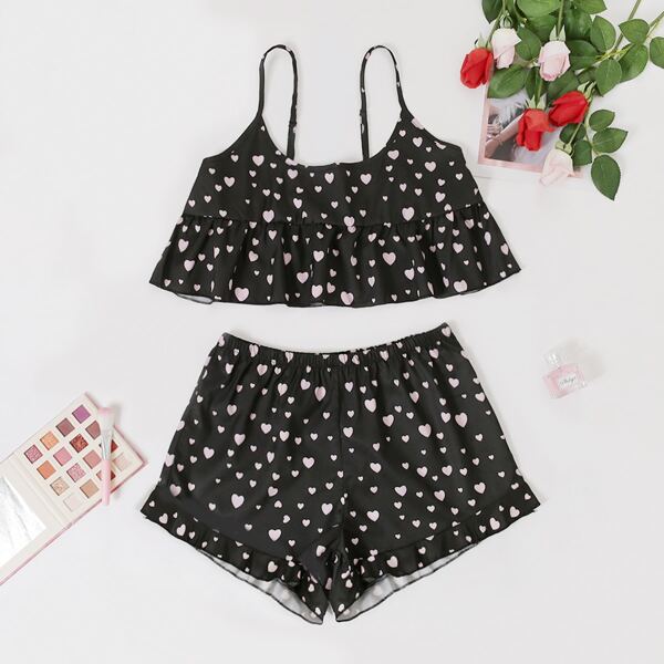 

Heart Print Ruffle Hem Cami Top & Shorts PJ Set, Black