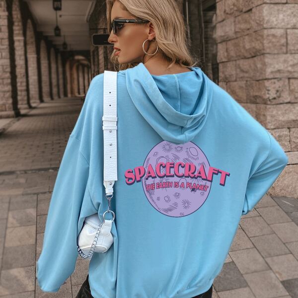 

Slogan Graphic Drawstring Oversized Hoodie, Baby blue