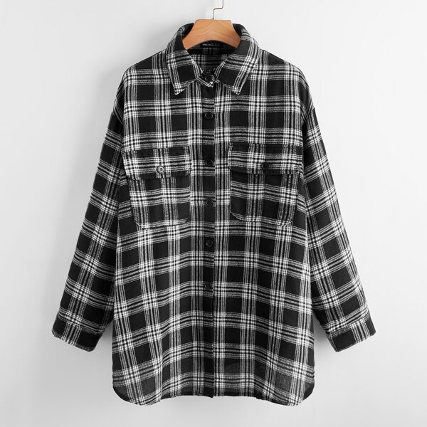 

Drop Shoulder Buttoned Plaid Longline Blouse, Black and white