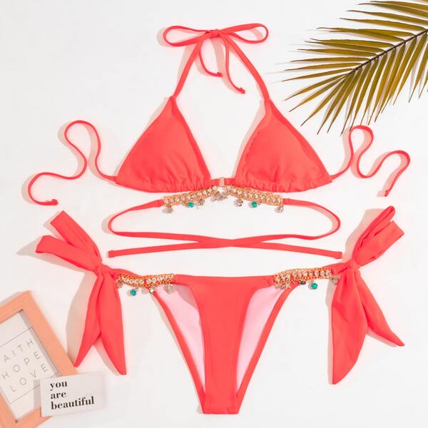 

Chain Linked Triangle Tie Side Bikini Swimsuit, Watermelon pink