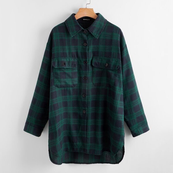 

Drop Shoulder Buttoned Plaid Longline Blouse, Green