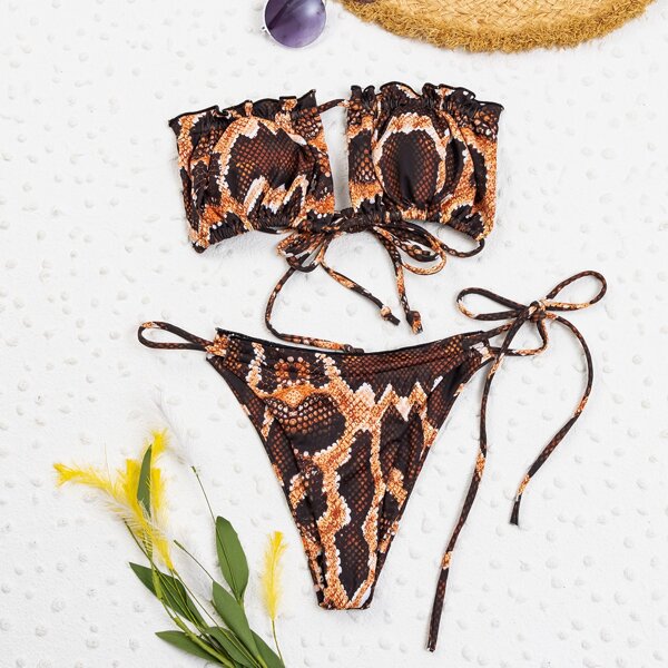 

Snakeskin Print Frill Bandeau Thong Bikini Swimsuit, Multicolor