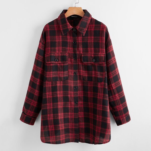 

Drop Shoulder Buttoned Plaid Longline Blouse, Multicolor