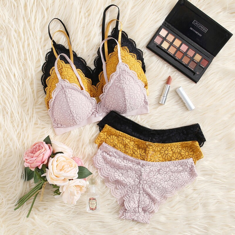 

3pack Floral Lace Scalloped Trim Lingerie Set, Multicolor