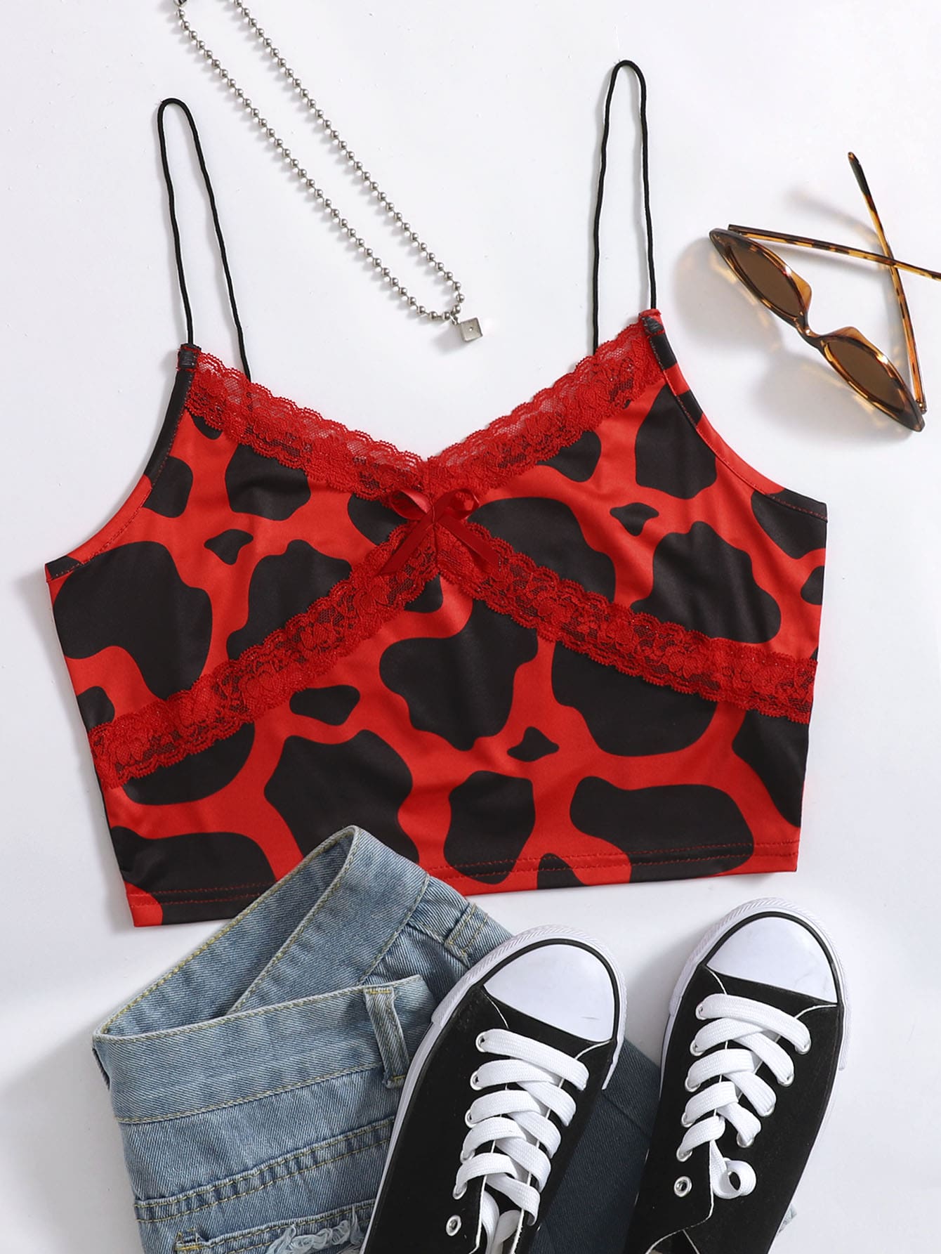 Lace Panel Cow Print Cami Top thumbnail