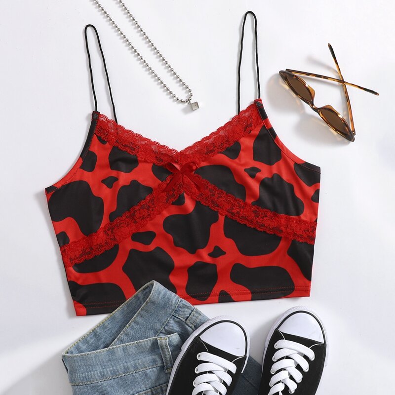 

Lace Panel Cow Print Cami Top, Multicolor