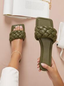 Sandalias de punta cuadrada trenzadas - Verde militar - Ver 3
