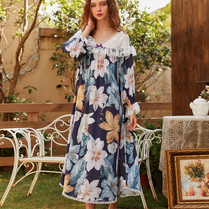 

Floral Print Lace Trimed Bow Night Dress, Multicolor