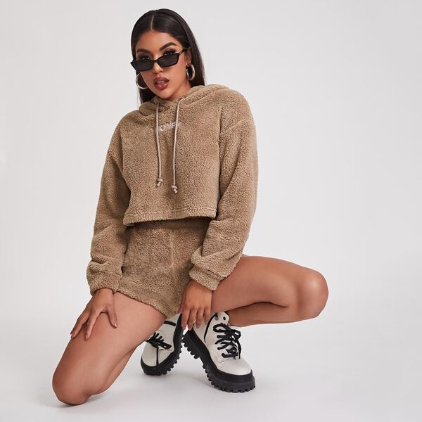 

Letter Embroidery Teddy Hoodie & Shorts Set, Mocha brown