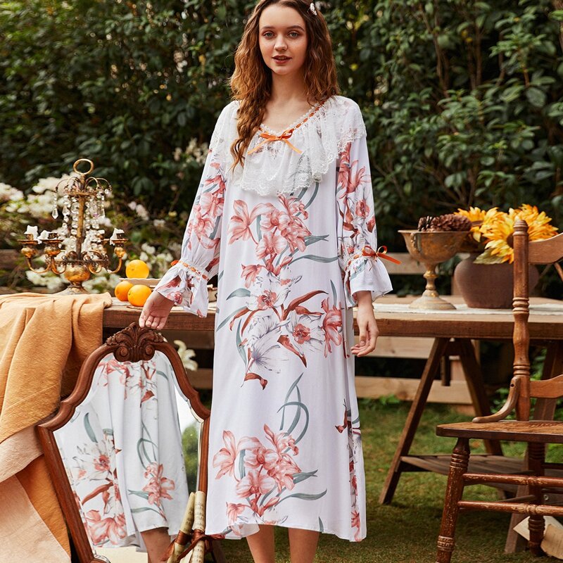 

Floral Print Flounce Sleeve Contrast Lace Night Dress, White
