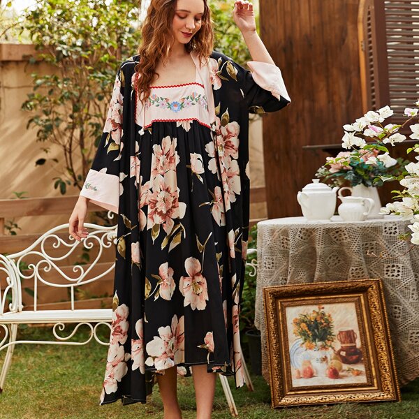 

Floral Print Embroidery Cami Dress & Robe, Multicolor