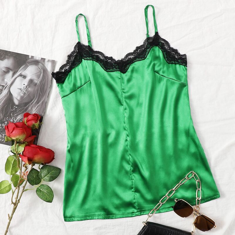 

Lace Trim Satin Cami Top, Green bright