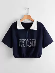 SHEIN Qutie Letter Graphic Half Zip Crop Tee - Navy Blue - View 1