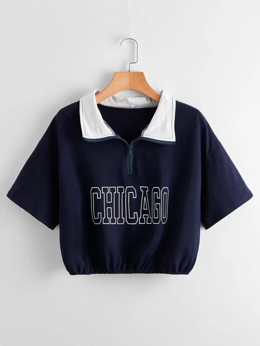 SHEIN Qutie Letter Graphic Half Zip Crop Tee - Navy Blue - View 1