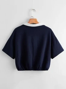SHEIN Qutie Letter Graphic Half Zip Crop Tee - Navy Blue - View 2