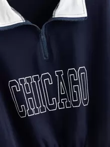 SHEIN Qutie Letter Graphic Half Zip Crop Tee - Navy Blue - View 4