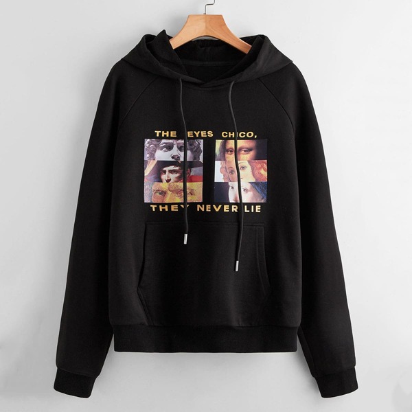

Slogan & Figure Graphic Kangaroo Pocket Drawstring Hoodie, Black