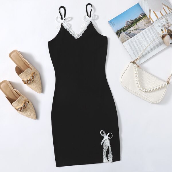 

Lace Trim Bow Front Cami Dress, Black