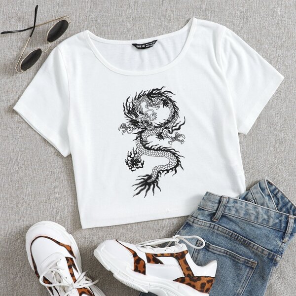 

Chinese Dragon Print Crop Tee, White
