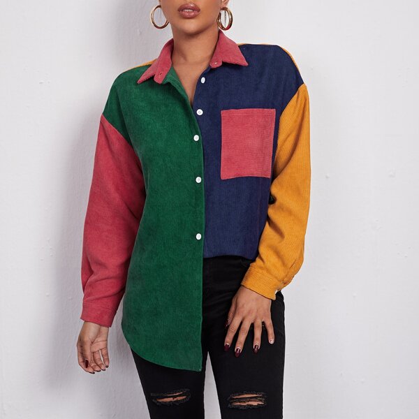 

Button Front Patch Pocket Colorblock Cord Blouse, Multicolor