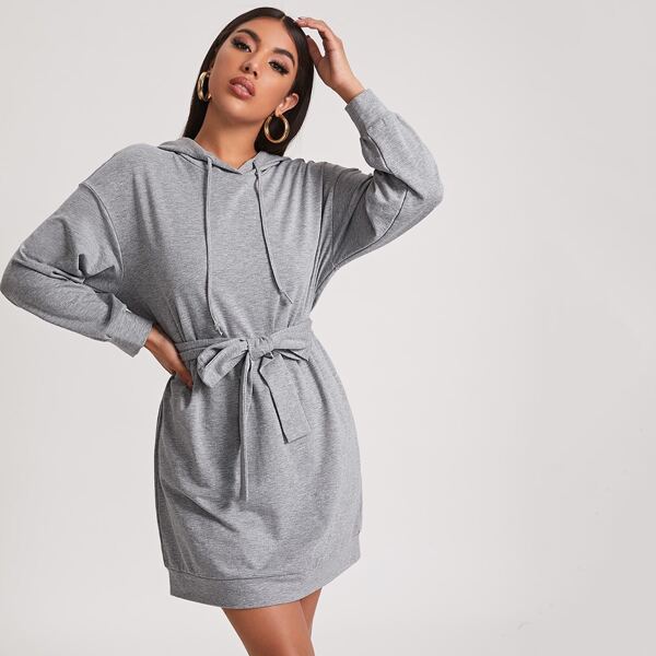 

Drop Shoulder Drawstring Belted Hooded Dress, Light grey