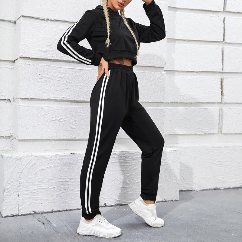 

Striped Tape Side Sports Hoodie With Sweatpants, Black