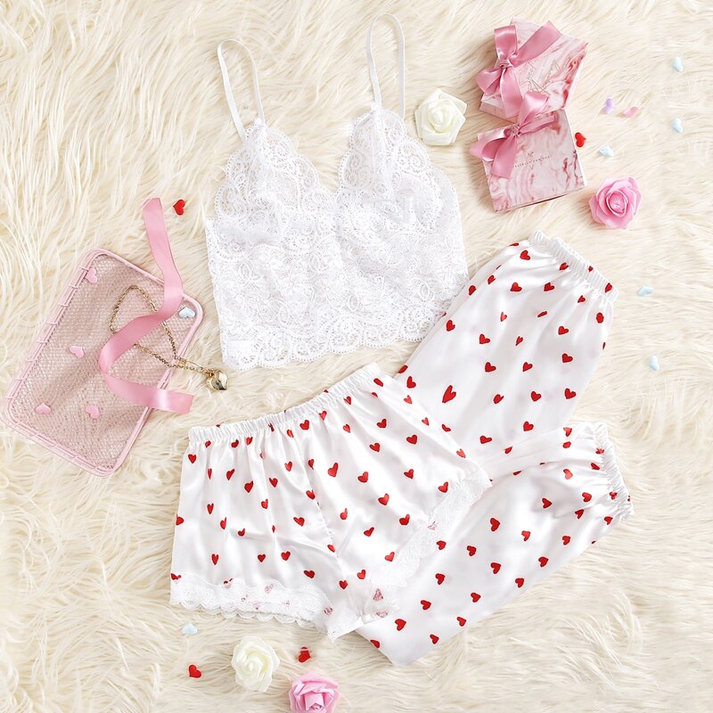 

3pack Floral Lace Heart Print Lingerie Set, White