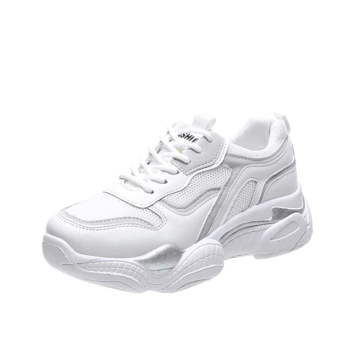

Solid Lace-up Mesh Chunky Sneakers, White