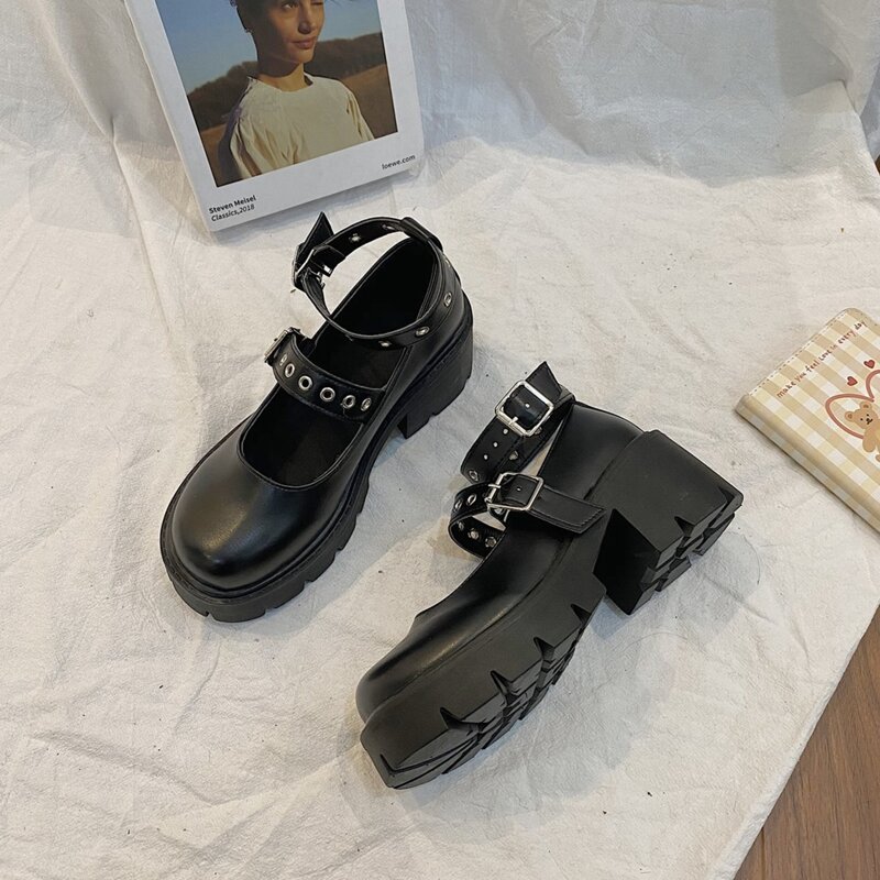 

Grommet Buckle Platform Mary Jane Flats, Black