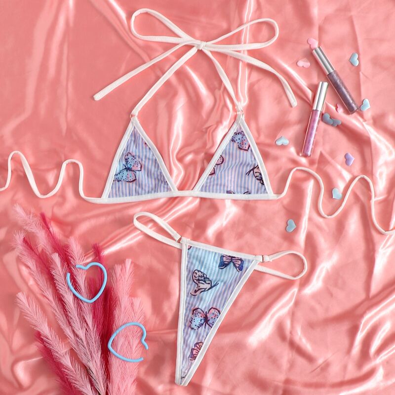 

Stripe & Butterfly Print Thong Lingerie Set, Multicolor
