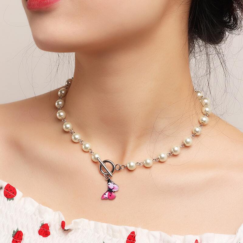 

Butterfly Faux Pearl Necklace, Silver