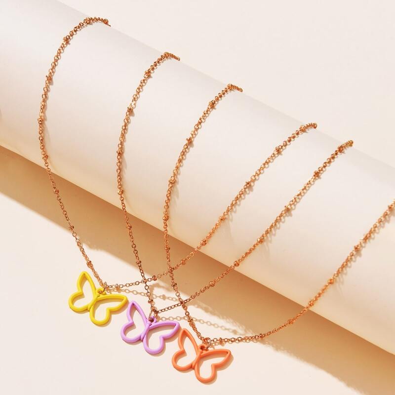 

3pcs Butterfly Pendant Necklace, Multicolor