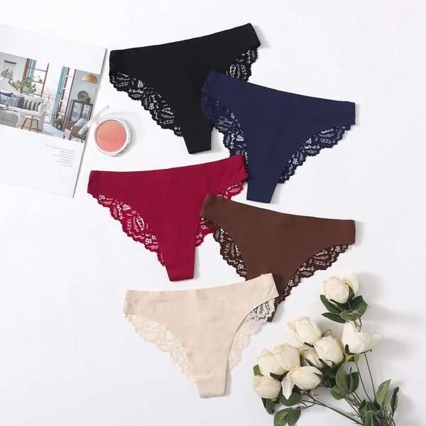 

5pack Contrast Lace Seamless Panty Set, Multicolor