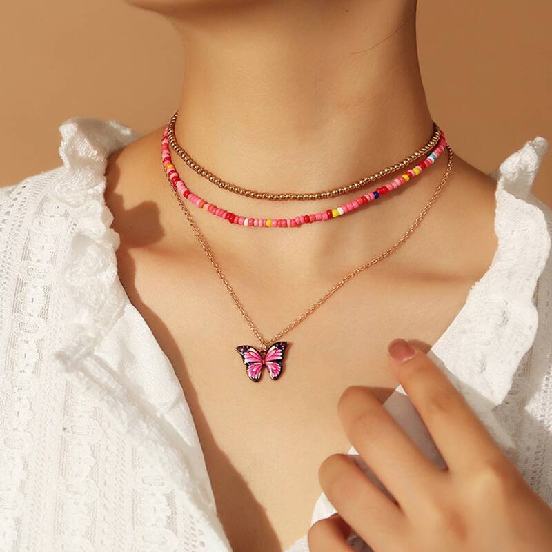 

3pcs Butterfly Beaded Necklace, Multicolor