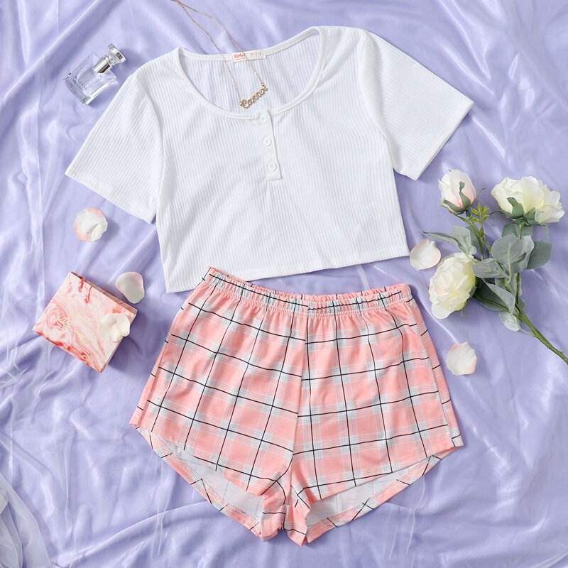 

Plaid Button Front PJ Set, Multicolor