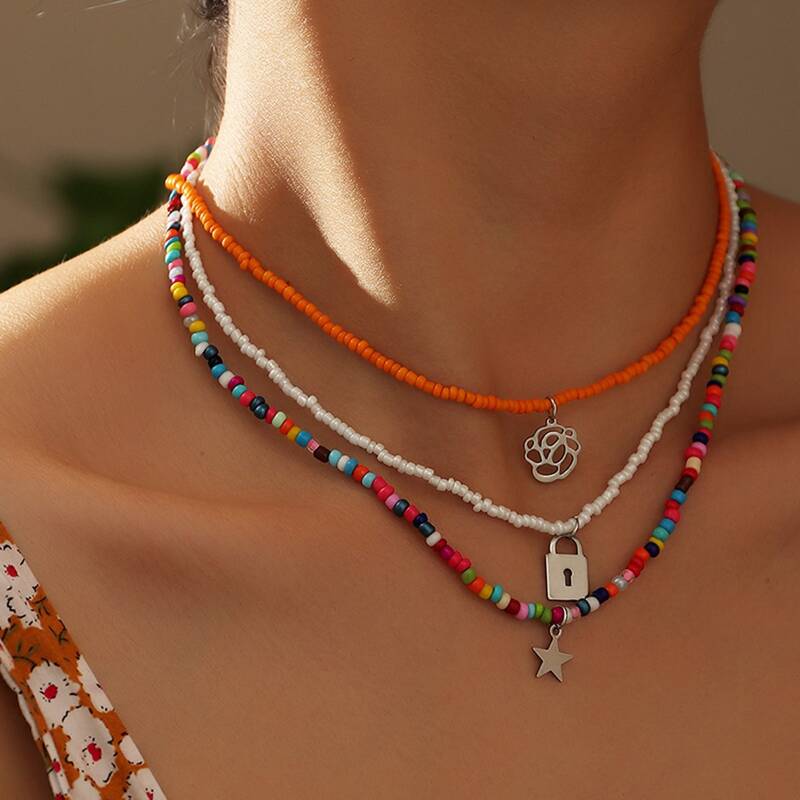 

3pcs Lock & Star Beaded Necklace, Multicolor