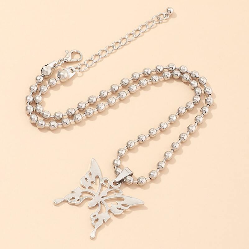 

Butterfly Beaded Pendant Necklace, Silver