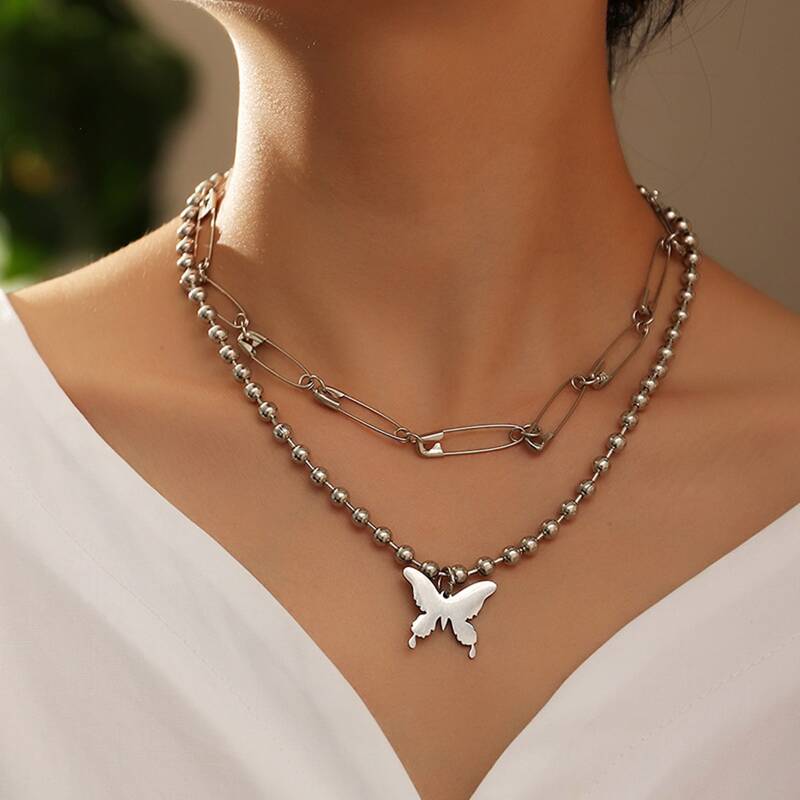 

Butterfly & Safety Pin Layered Necklace, Silver