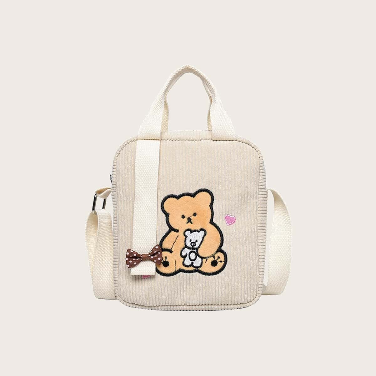 

Cartoon Bear Corduroy Bag, White