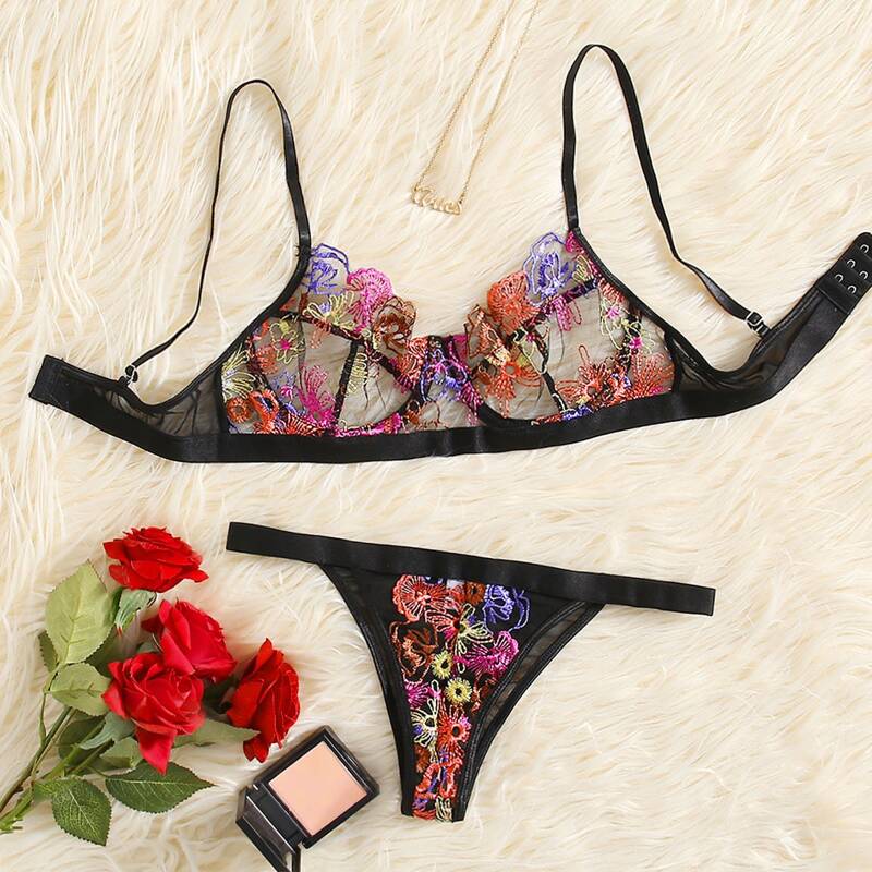 

Floral Embroidery Lingerie Set, Multicolor