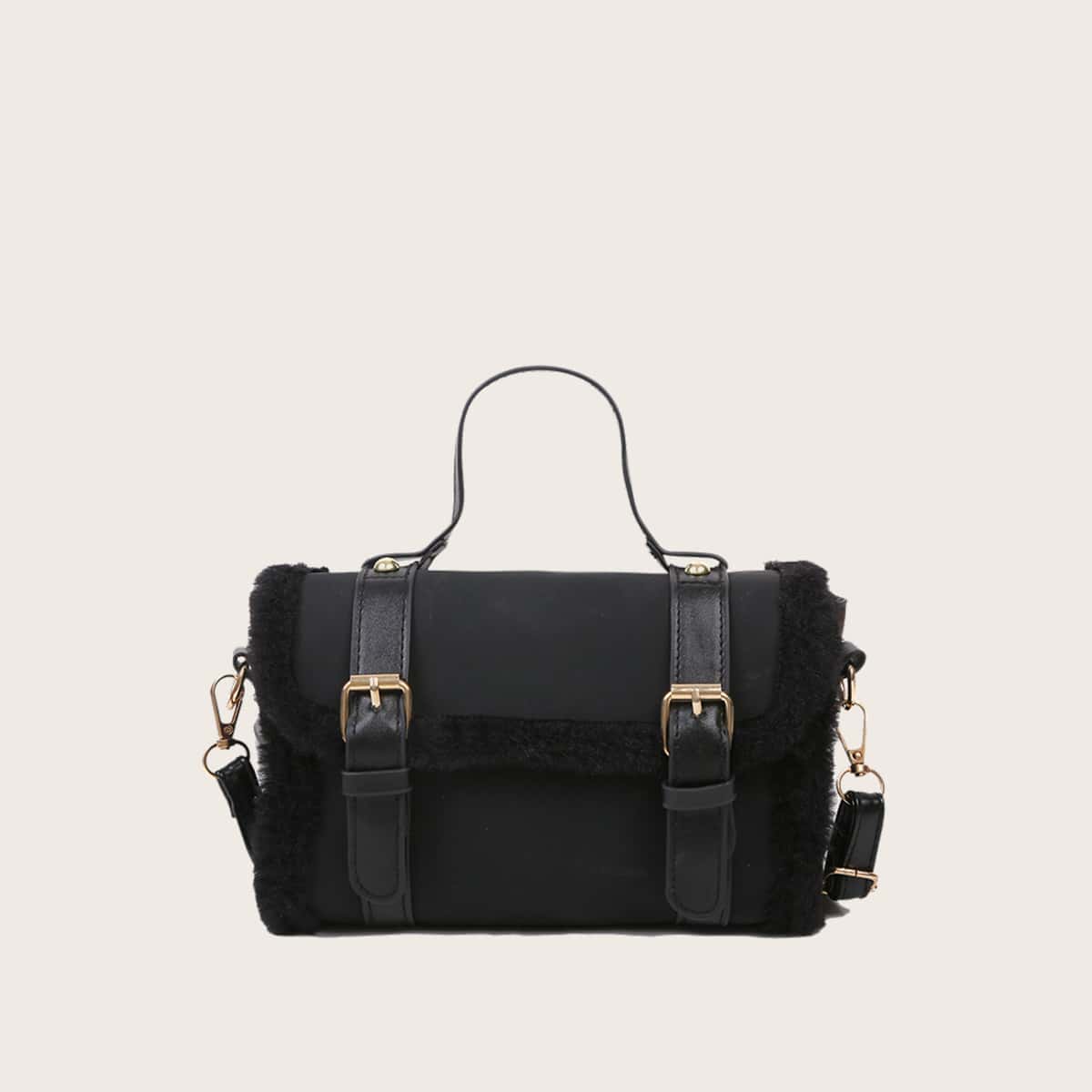 

Faux Fur Trim Satchel Bag, Black