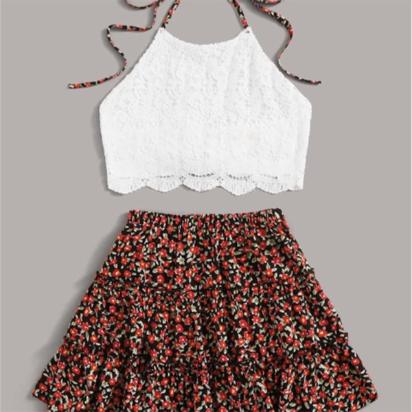 

Lace Halter Neck Crop Top With Ditsy Floral Skirt, Multicolor