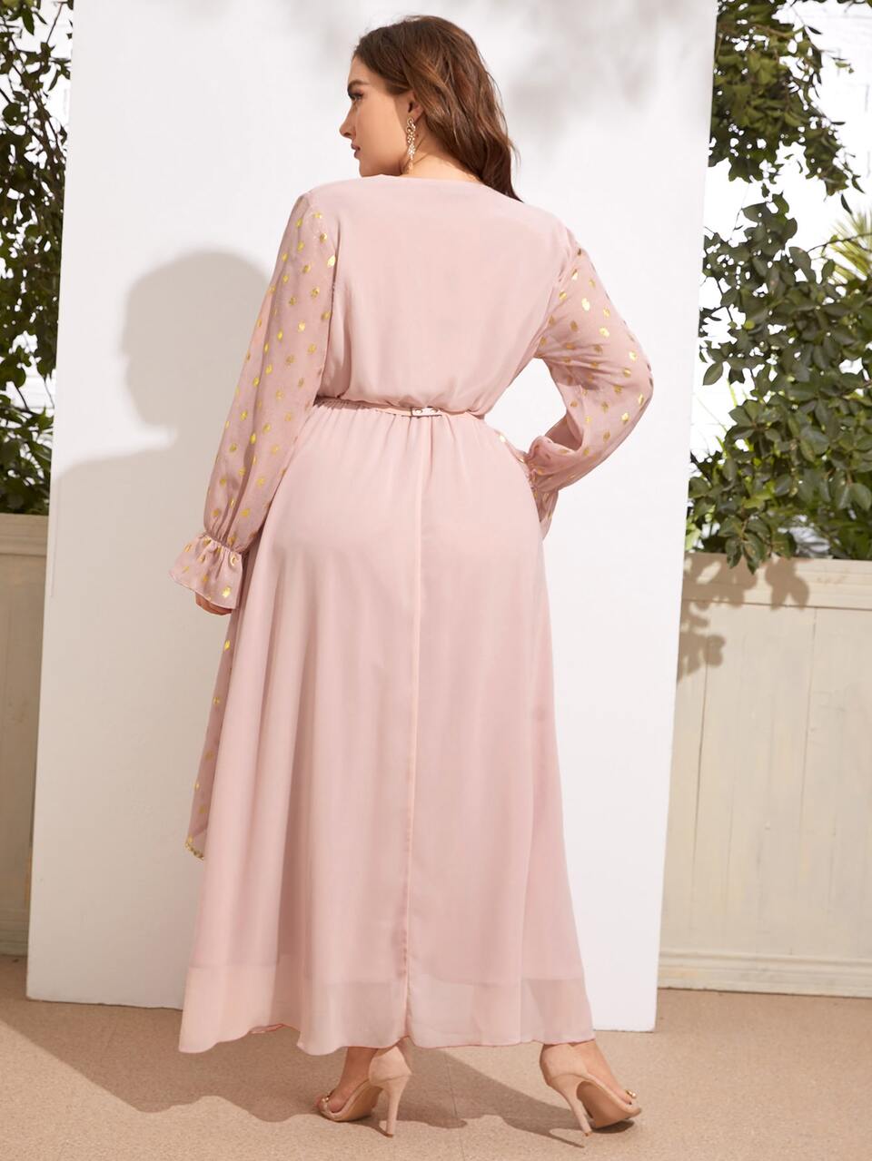 Plus Polka Dot Ruffle Trim Belted Dress Fall Cloth For Women