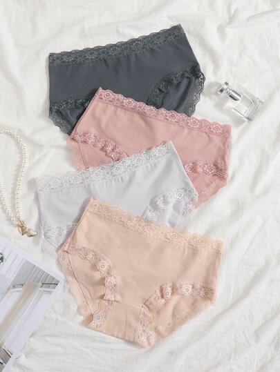 Women's Casual High Stretch Knitted Fabric Lace Trim Boyshort Panties Multicolor Set