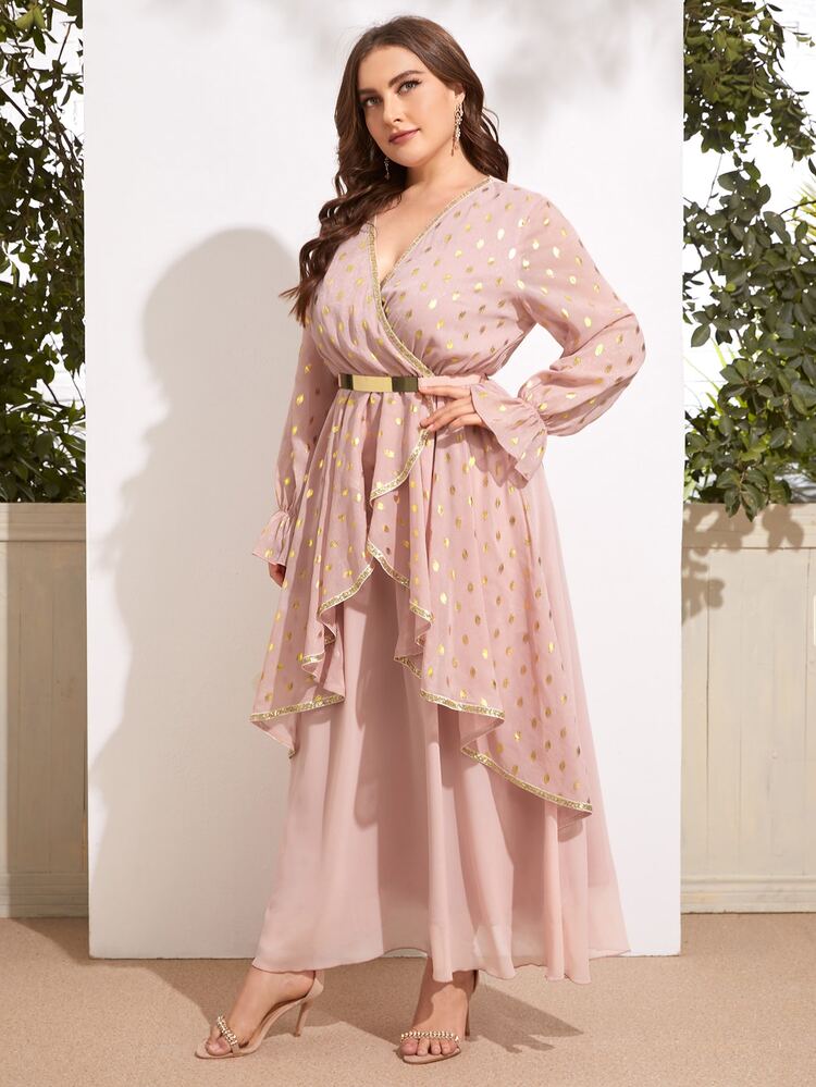 Plus Polka Dot Ruffle Trim Belted Dress Fall Cloth For Women