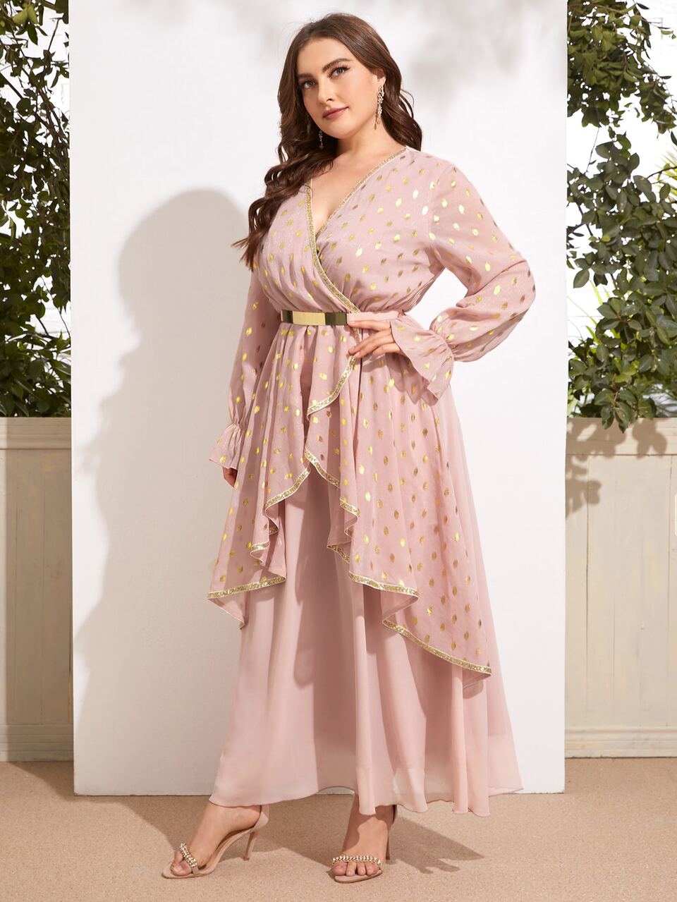 Plus Polka Dot Ruffle Trim Belted Dress Fall Cloth For Women
