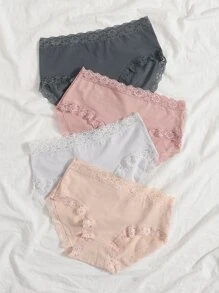 Women's Casual High Stretch Knitted Fabric Lace Trim Boyshort Panties Multicolor Set - Multicolor - View 5